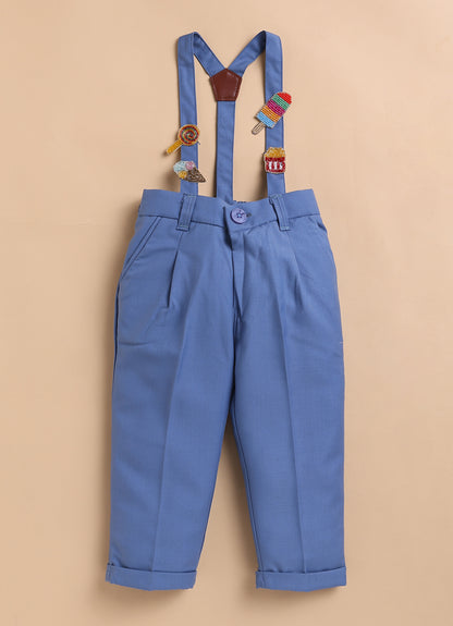 Blended Woven Full Sleeves Solid Candy Toffee Ice-cream Theme Hand Embroidered Motifs in Suspender with Shirt and Pant Bow Formal Shirt Pant Suspender Set- Blue