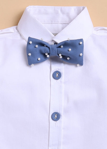 Blended Woven Full Sleeves Solid Candy Toffee Ice-cream Theme Hand Embroidered Motifs in Suspender with Shirt and Pant Bow Formal Shirt Pant Suspender Set- Blue