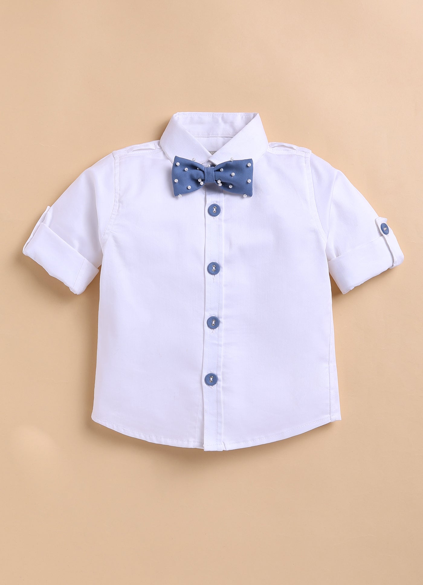 Blended Woven Full Sleeves Solid Candy Toffee Ice-cream Theme Hand Embroidered Motifs in Suspender with Shirt and Pant Bow Formal Shirt Pant Suspender Set- Blue