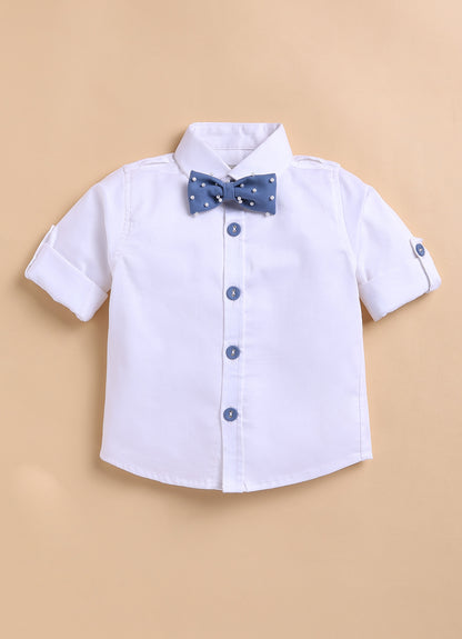 Blended Woven Full Sleeves Solid Candy Toffee Ice-cream Theme Hand Embroidered Motifs in Suspender with Shirt and Pant Bow Formal Shirt Pant Suspender Set- Blue