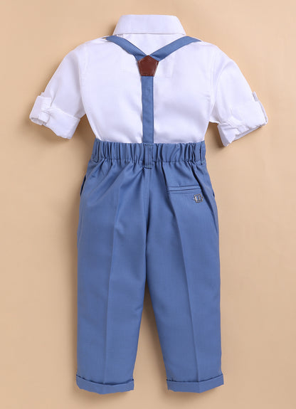 Blended Woven Full Sleeves Solid Candy Toffee Ice-cream Theme Hand Embroidered Motifs in Suspender with Shirt and Pant Bow Formal Shirt Pant Suspender Set- Blue