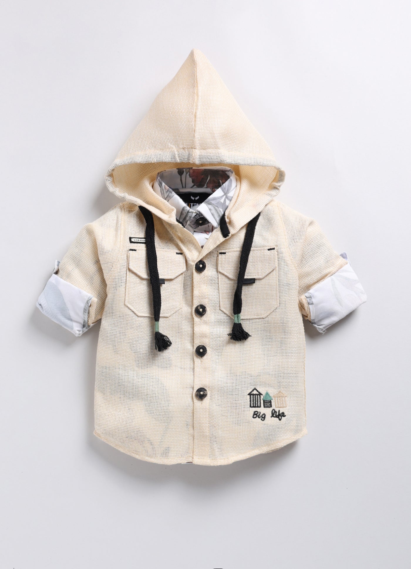 Hooded Shacket, Printed Shirt and Denim Pants Set for Boys