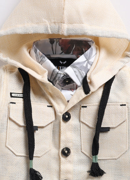 Hooded Shacket, Printed Shirt and Denim Pants Set for Boys