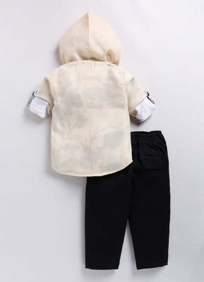 Hooded Shacket, Printed Shirt and Denim Pants Set for Boys