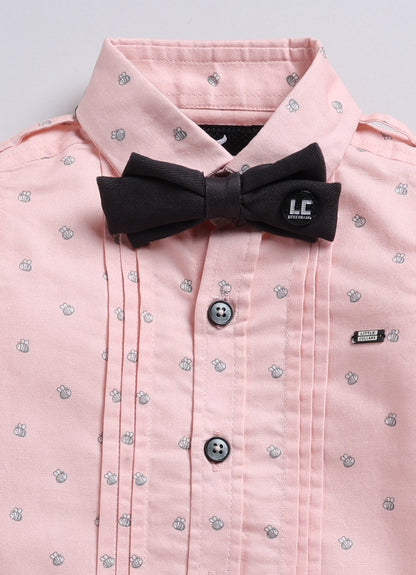 Cotton Printed Shirt Pant Suspender Bow Set - Peach