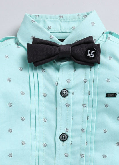 Cotton Printed Shirt Pant Suspender Bow Set - Green