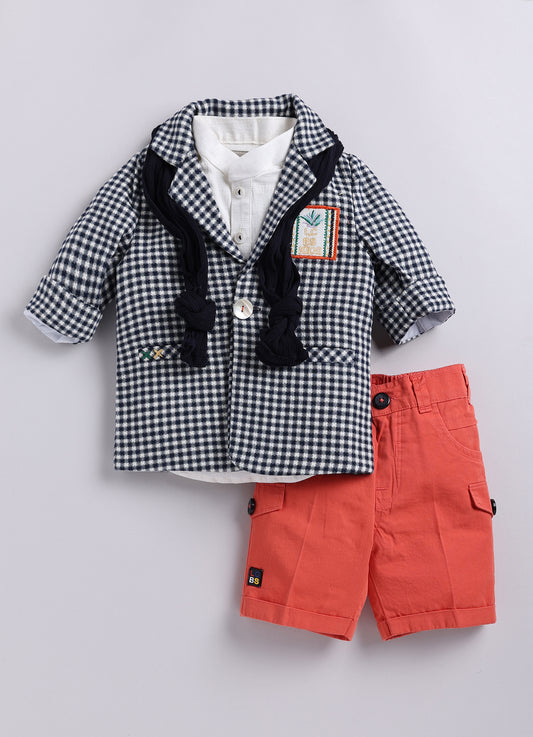 Cotton Half Sleeves Checked Coat With Solid Shorts Shirt & Muffler - Carrot