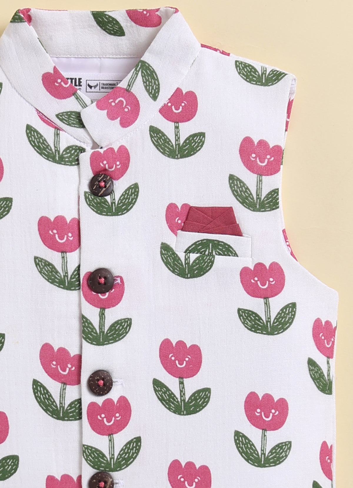 Boys Muslin 100% Pure Cotton Woven Floral Printed Nehru Jacket with wooden buttons, Full Sleeve Kurta and Pajama Ethnic Set - White
