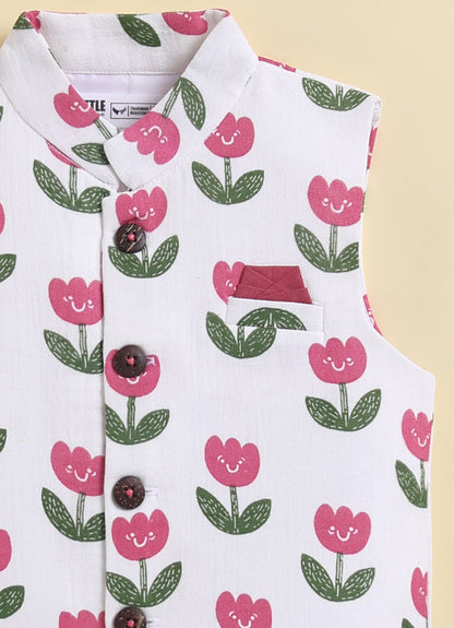 Boys Muslin 100% Pure Cotton Woven Floral Printed Nehru Jacket with wooden buttons, Full Sleeve Kurta and Pajama Ethnic Set - White