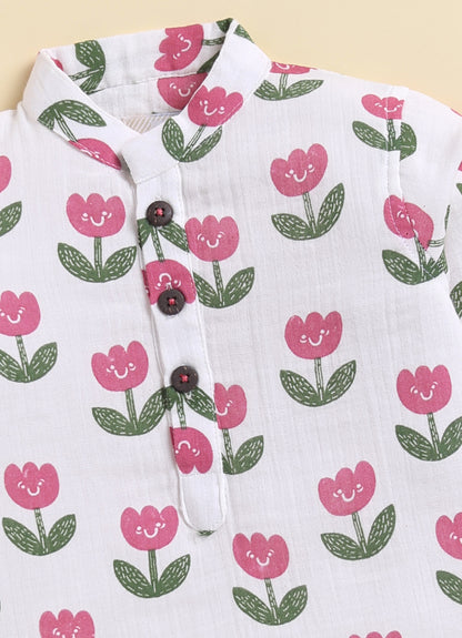 Boys Muslin 100% Pure Cotton Woven Floral Printed Nehru Jacket with wooden buttons, Full Sleeve Kurta and Pajama Ethnic Set - White