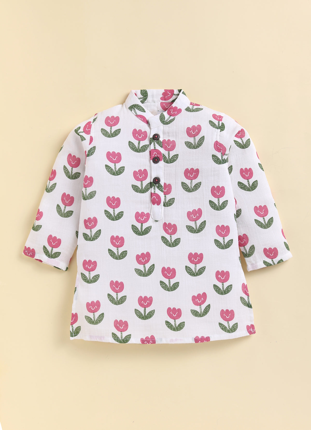 Boys Muslin 100% Pure Cotton Woven Floral Printed Nehru Jacket with wooden buttons, Full Sleeve Kurta and Pajama Ethnic Set - White