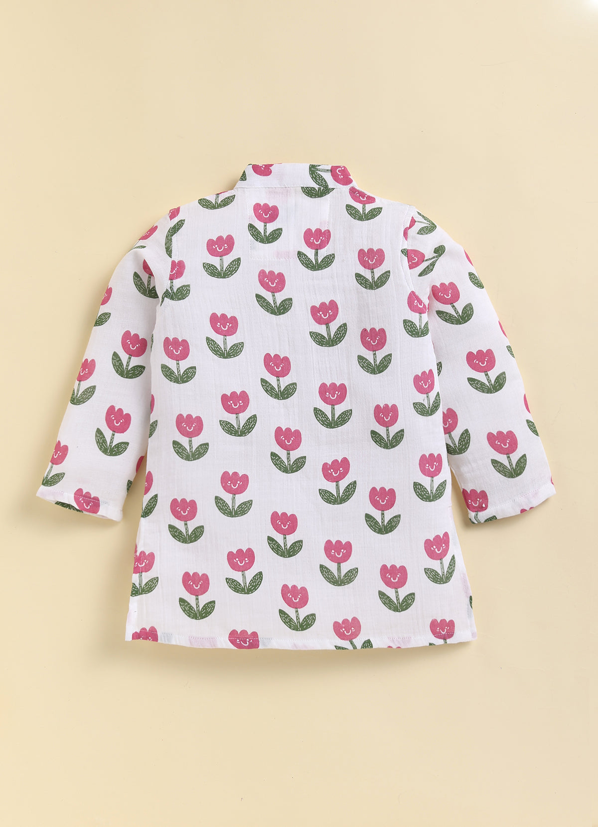 Boys Muslin 100% Pure Cotton Woven Floral Printed Nehru Jacket with wooden buttons, Full Sleeve Kurta and Pajama Ethnic Set - White