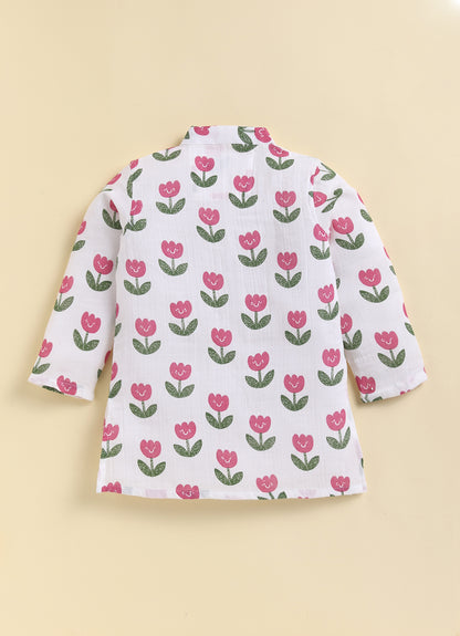 Boys Muslin 100% Pure Cotton Woven Floral Printed Nehru Jacket with wooden buttons, Full Sleeve Kurta and Pajama Ethnic Set - White
