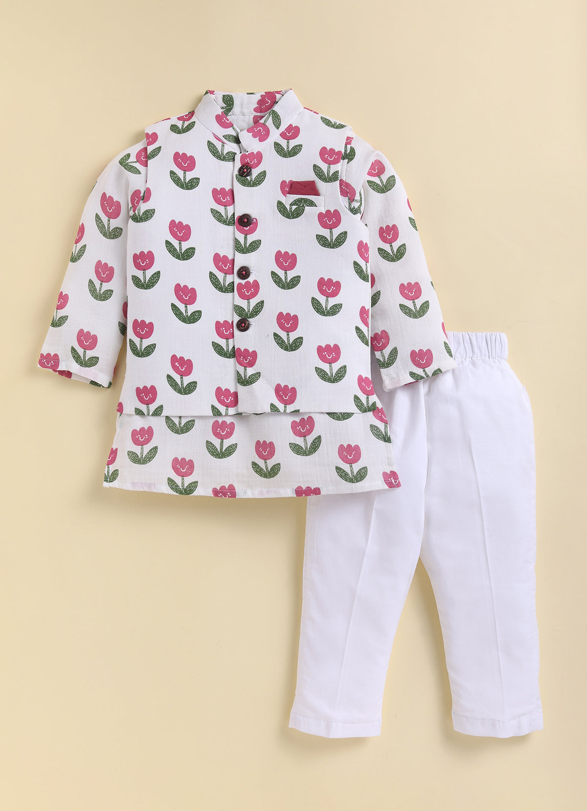 Boys Muslin 100% Pure Cotton Woven Floral Printed Nehru Jacket with wooden buttons, Full Sleeve Kurta and Pajama Ethnic Set - White