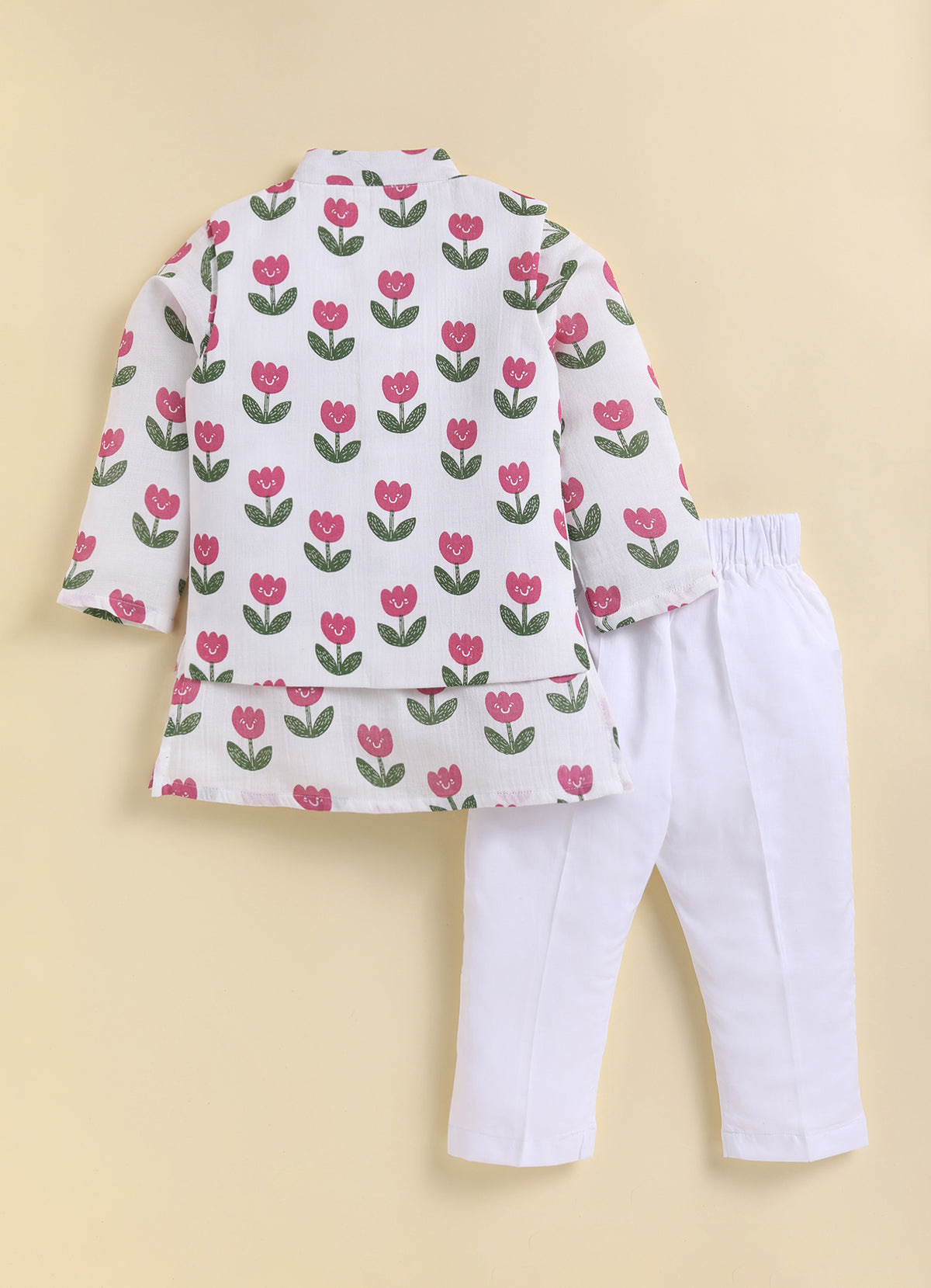Boys Muslin 100% Pure Cotton Woven Floral Printed Nehru Jacket with wooden buttons, Full Sleeve Kurta and Pajama Ethnic Set - White