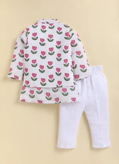 Boys Muslin 100% Pure Cotton Woven Floral Printed Nehru Jacket with wooden buttons, Full Sleeve Kurta and Pajama Ethnic Set - White