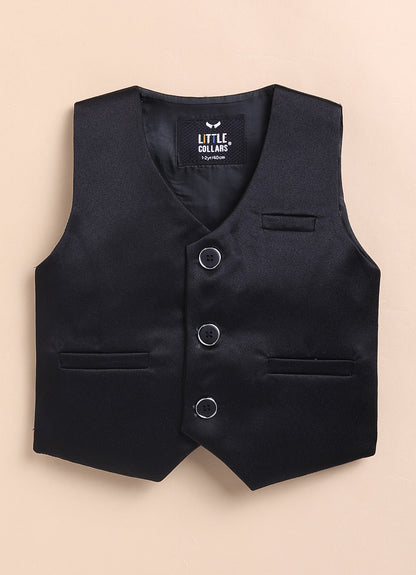 Blended Jaquard Woven Full Sleeves Coat Pant with Tuxedo Shirt, Bow and Brooch Pin Formal Coat Set- Black