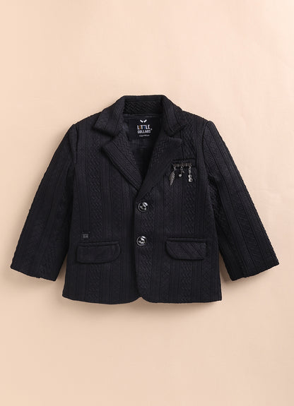 Blended Jaquard Woven Full Sleeves Coat Pant with Tuxedo Shirt, Bow and Brooch Pin Formal Coat Set- Black