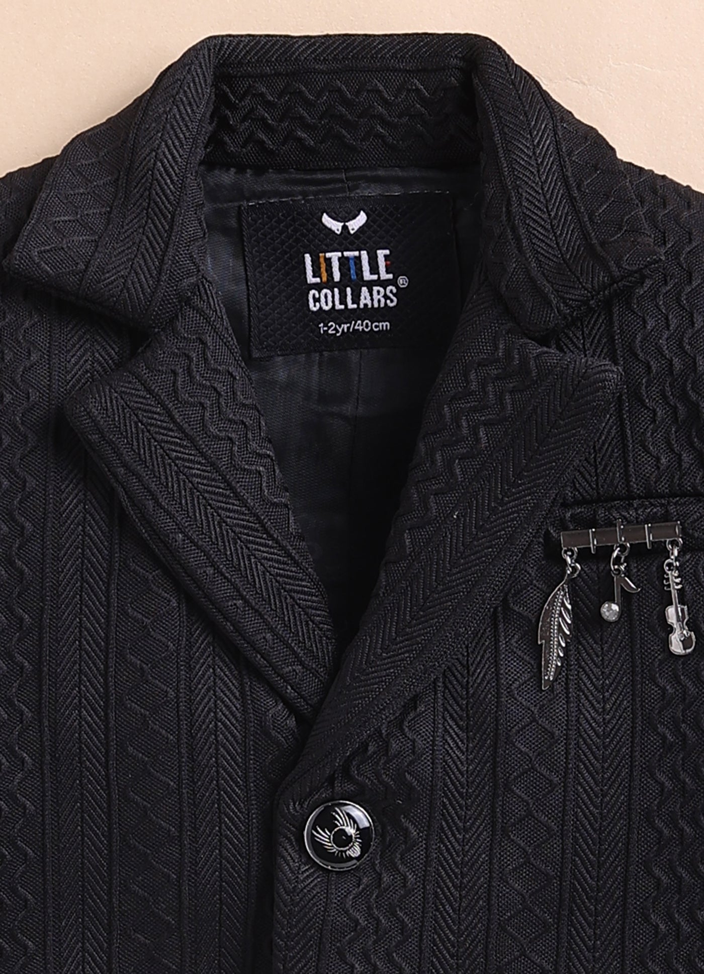 Blended Jaquard Woven Full Sleeves Coat Pant with Tuxedo Shirt, Bow and Brooch Pin Formal Coat Set- Black