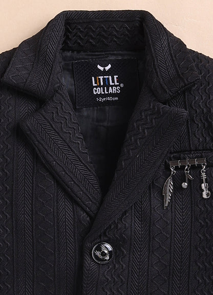 Blended Jaquard Woven Full Sleeves Coat Pant with Tuxedo Shirt, Bow and Brooch Pin Formal Coat Set- Black