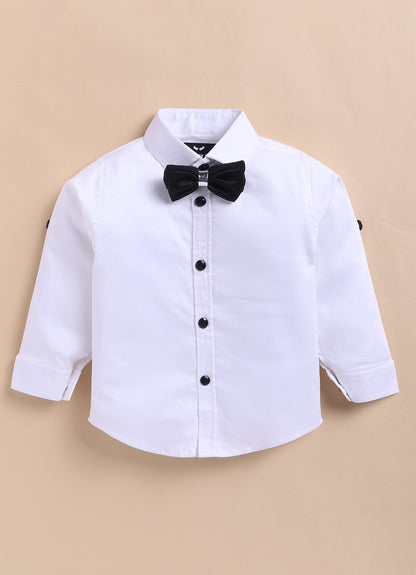 Blended Jaquard Woven Full Sleeves Coat Pant with Tuxedo Shirt, Bow and Brooch Pin Formal Coat Set- Black