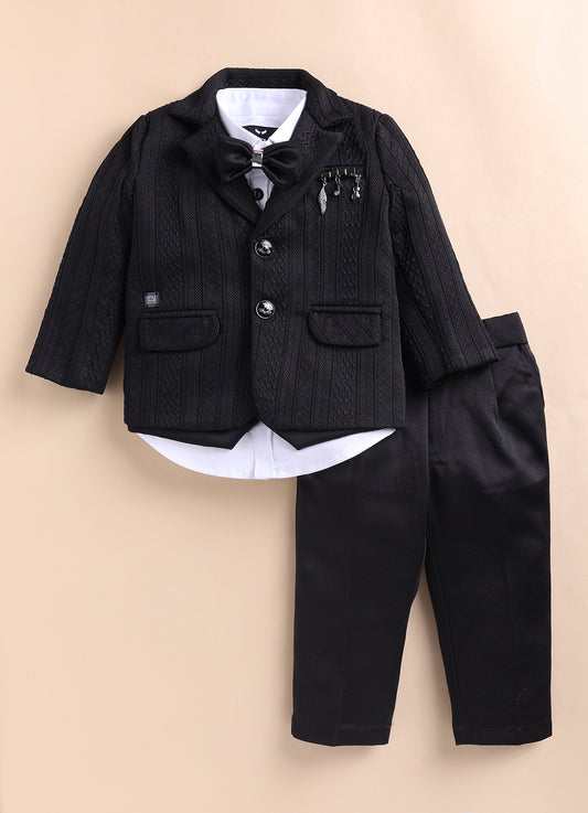 Blended Jaquard Woven Full Sleeves Coat Pant with Tuxedo Shirt, Bow and Brooch Pin Formal Coat Set- Black