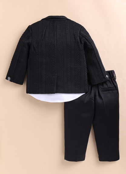 Blended Jaquard Woven Full Sleeves Coat Pant with Tuxedo Shirt, Bow and Brooch Pin Formal Coat Set- Black