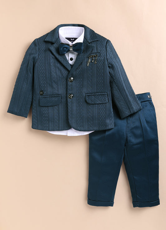 Blended Jaquard Woven Full Sleeves Coat Pant with Tuxedo Shirt, Bow and Brooch Pin Formal Coat Set- P.Blue