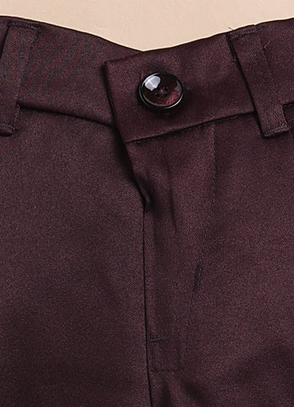Blended Jaquard Woven Full Sleeves Coat Pant with Tuxedo Shirt, Bow and Brooch Pin Formal Coat Set- Wine