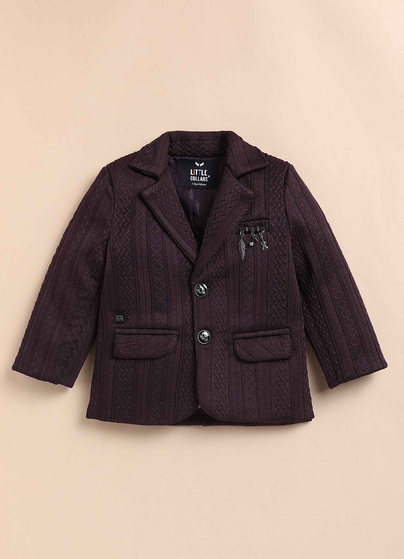Blended Jaquard Woven Full Sleeves Coat Pant with Tuxedo Shirt, Bow and Brooch Pin Formal Coat Set- Wine