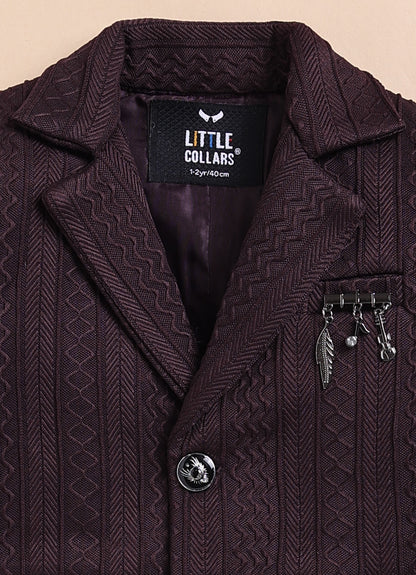 Blended Jaquard Woven Full Sleeves Coat Pant with Tuxedo Shirt, Bow and Brooch Pin Formal Coat Set- Wine