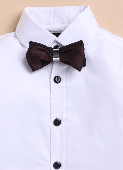 Blended Jaquard Woven Full Sleeves Coat Pant with Tuxedo Shirt, Bow and Brooch Pin Formal Coat Set- Wine