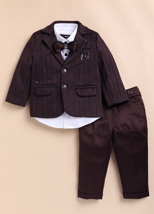 Blended Jaquard Woven Full Sleeves Coat Pant with Tuxedo Shirt, Bow and Brooch Pin Formal Coat Set- Wine