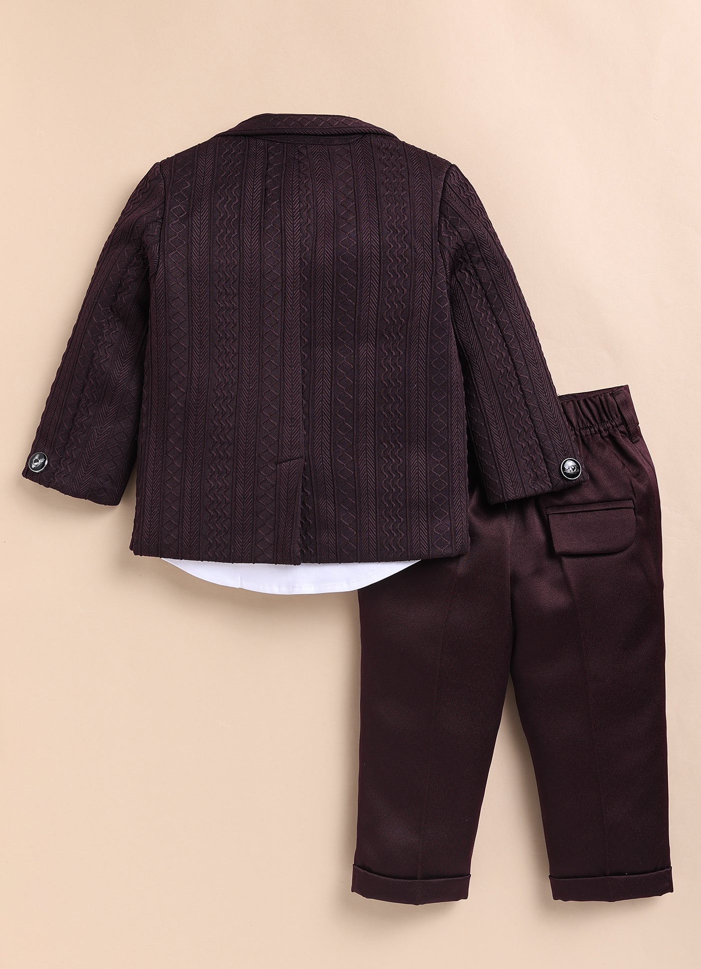 Blended Jaquard Woven Full Sleeves Coat Pant with Tuxedo Shirt, Bow and Brooch Pin Formal Coat Set- Wine