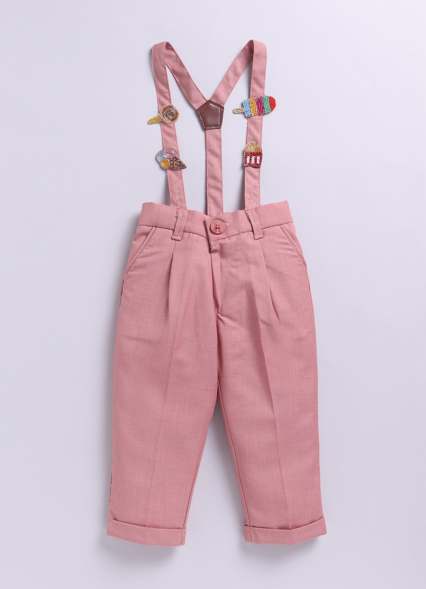 Blended Woven Full Sleeves Solid Candy Toffee Ice-cream Theme Hand Embroidered Motifs in Suspender with Shirt and Pant Bow Formal Shirt Pant Suspender Set- Peach