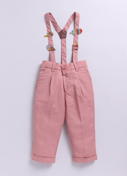 Blended Woven Full Sleeves Solid Candy Toffee Ice-cream Theme Hand Embroidered Motifs in Suspender with Shirt and Pant Bow Formal Shirt Pant Suspender Set- Peach
