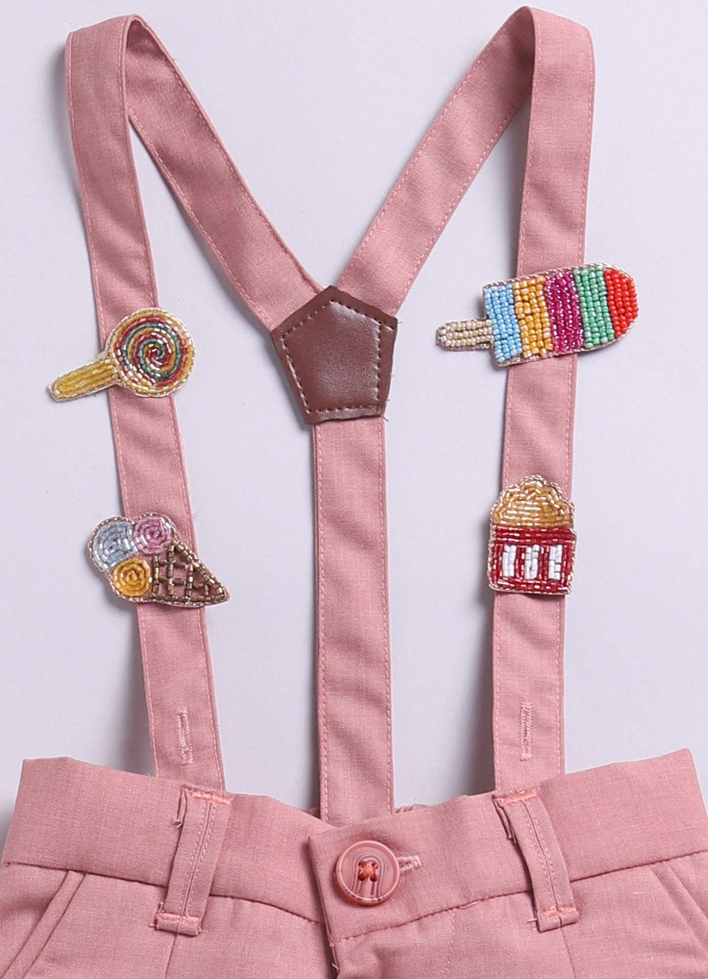 Blended Woven Full Sleeves Solid Candy Toffee Ice-cream Theme Hand Embroidered Motifs in Suspender with Shirt and Pant Bow Formal Shirt Pant Suspender Set- Peach
