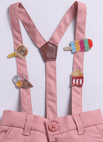 Blended Woven Full Sleeves Solid Candy Toffee Ice-cream Theme Hand Embroidered Motifs in Suspender with Shirt and Pant Bow Formal Shirt Pant Suspender Set- Peach