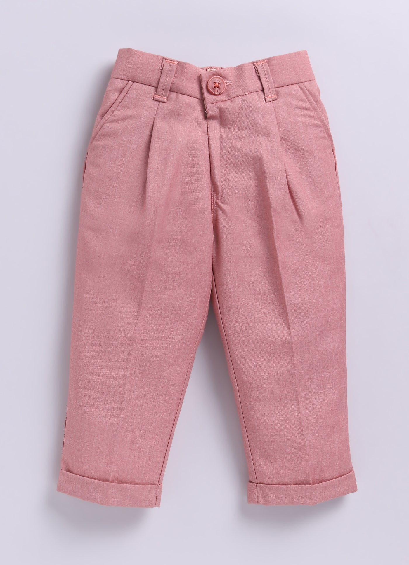 Blended Woven Full Sleeves Solid Candy Toffee Ice-cream Theme Hand Embroidered Motifs in Suspender with Shirt and Pant Bow Formal Shirt Pant Suspender Set- Peach