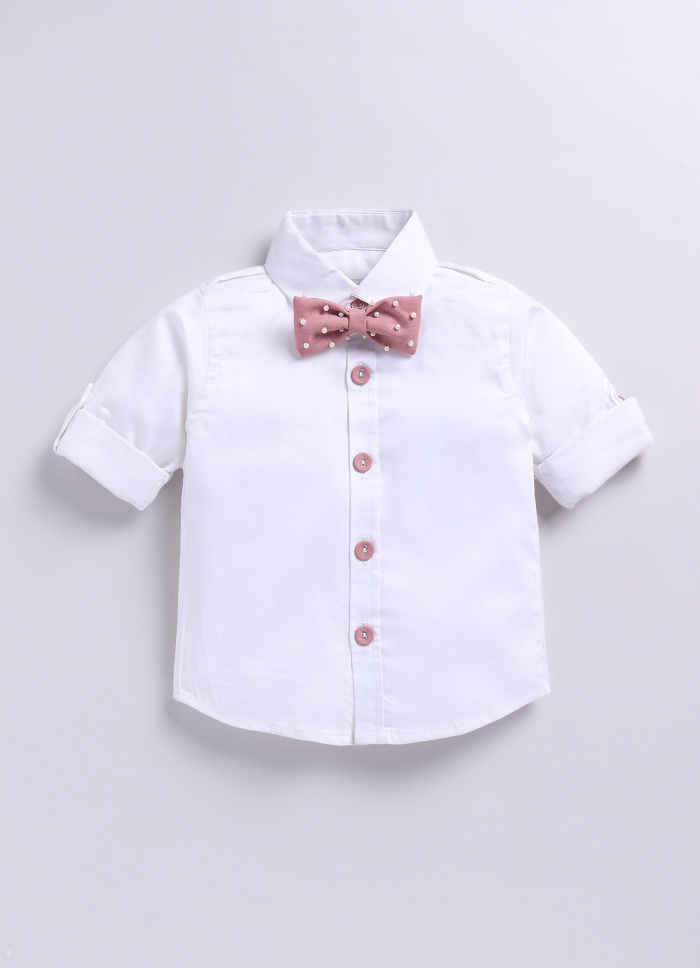 Blended Woven Full Sleeves Solid Candy Toffee Ice-cream Theme Hand Embroidered Motifs in Suspender with Shirt and Pant Bow Formal Shirt Pant Suspender Set- Peach