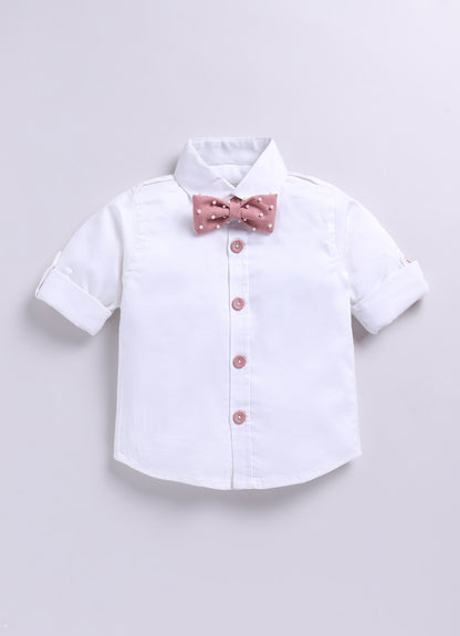 Blended Woven Full Sleeves Solid Candy Toffee Ice-cream Theme Hand Embroidered Motifs in Suspender with Shirt and Pant Bow Formal Shirt Pant Suspender Set- Peach