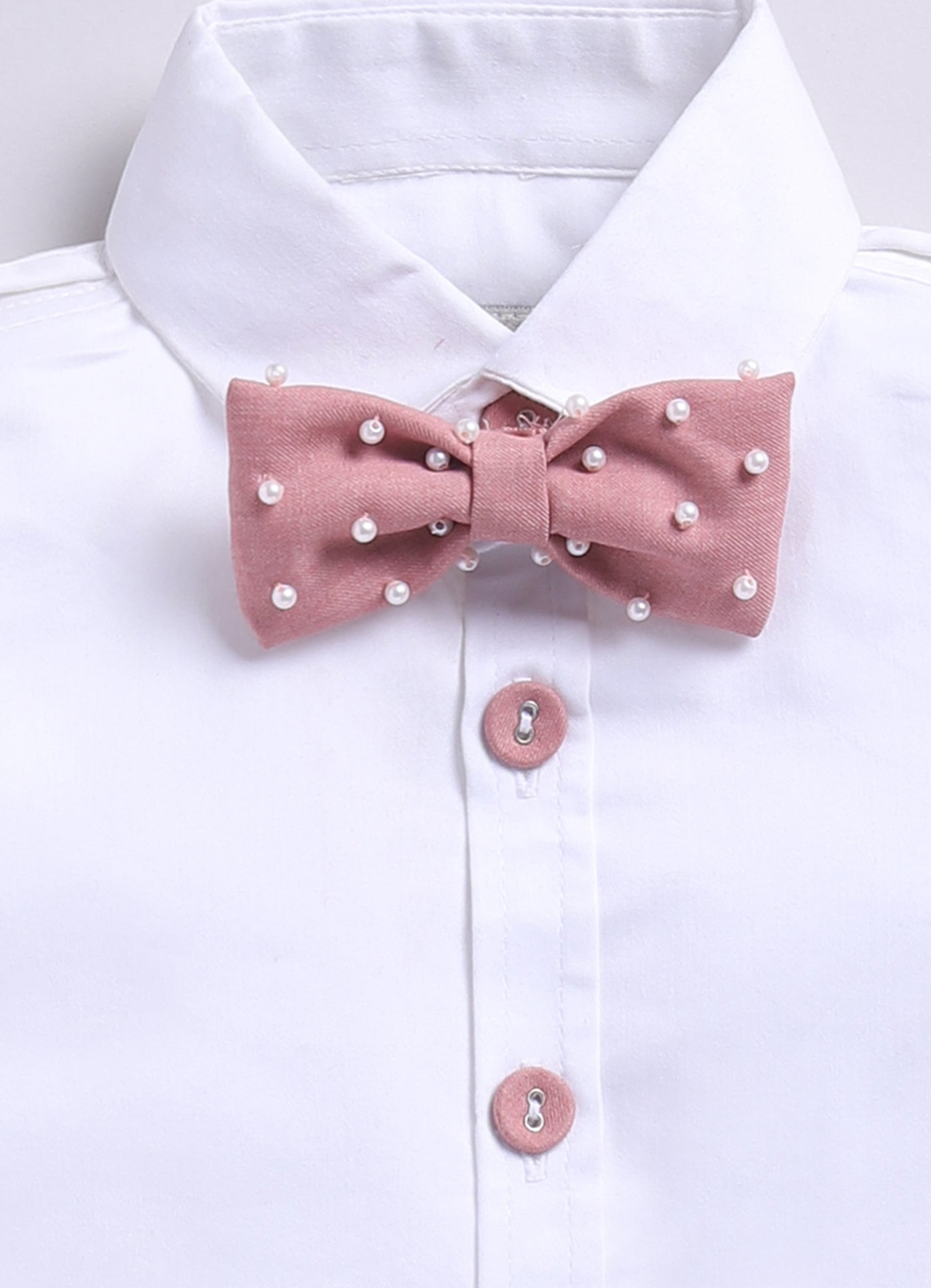 Blended Woven Full Sleeves Solid Candy Toffee Ice-cream Theme Hand Embroidered Motifs in Suspender with Shirt and Pant Bow Formal Shirt Pant Suspender Set- Peach