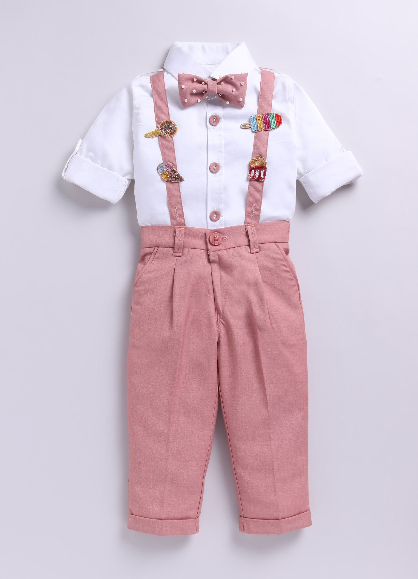 Blended Woven Full Sleeves Solid Candy Toffee Ice-cream Theme Hand Embroidered Motifs in Suspender with Shirt and Pant Bow Formal Shirt Pant Suspender Set- Peach