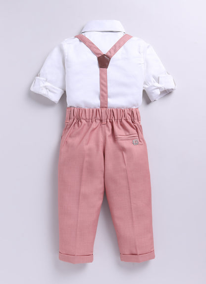 Blended Woven Full Sleeves Solid Candy Toffee Ice-cream Theme Hand Embroidered Motifs in Suspender with Shirt and Pant Bow Formal Shirt Pant Suspender Set- Peach