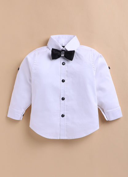 Blended Jaquard Woven Full Sleeves Coat Pant with Tuxedo Shirt, Bow and Brooch Pin Formal Coat Set- White