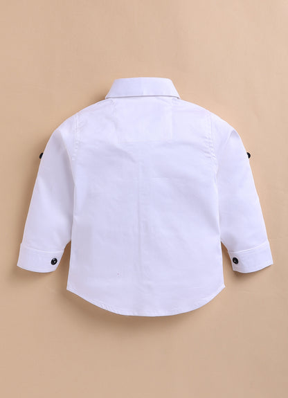 Blended Jaquard Woven Full Sleeves Coat Pant with Tuxedo Shirt, Bow and Brooch Pin Formal Coat Set- White