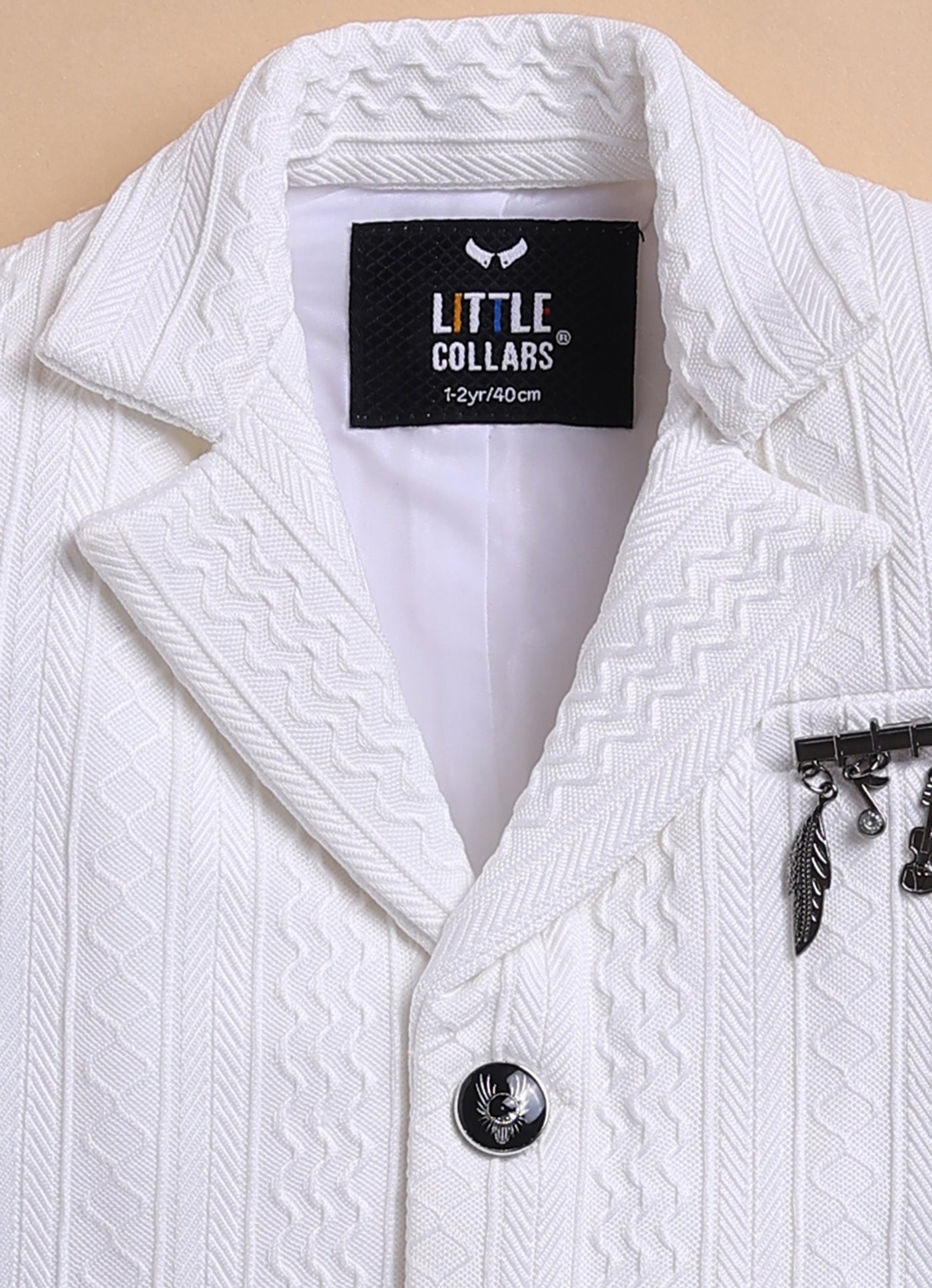 Blended Jaquard Woven Full Sleeves Coat Pant with Tuxedo Shirt, Bow and Brooch Pin Formal Coat Set- White