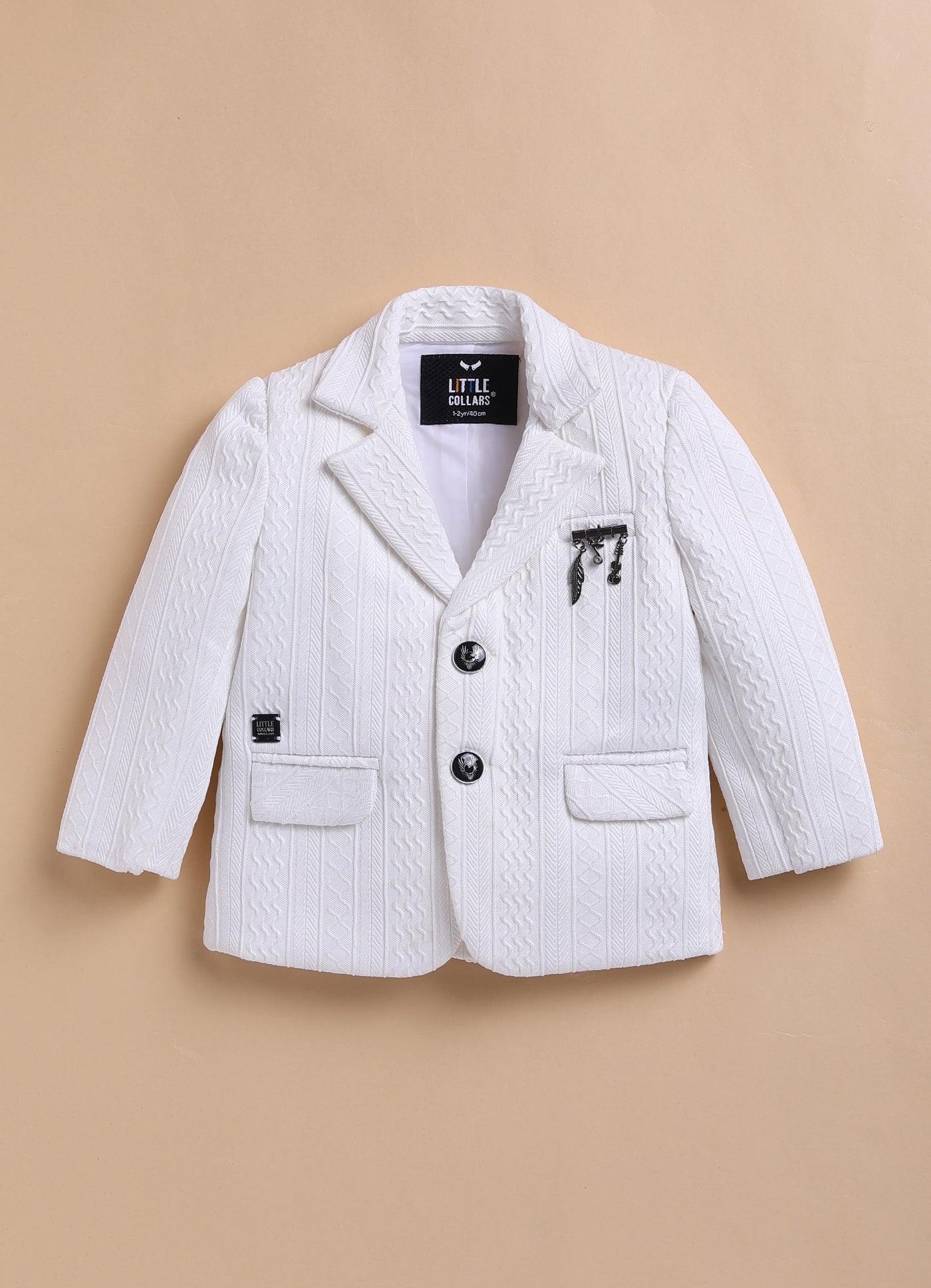 Blended Jaquard Woven Full Sleeves Coat Pant with Tuxedo Shirt, Bow and Brooch Pin Formal Coat Set- White