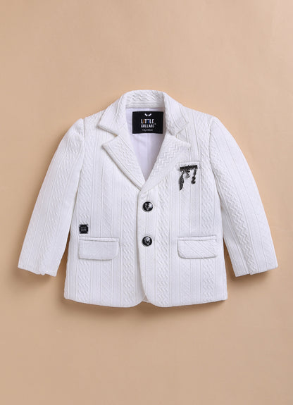 Blended Jaquard Woven Full Sleeves Coat Pant with Tuxedo Shirt, Bow and Brooch Pin Formal Coat Set- White