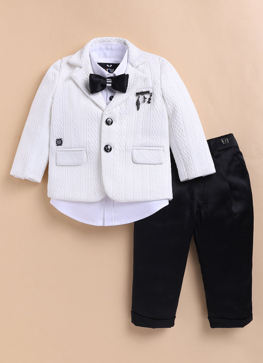 Blended Jaquard Woven Full Sleeves Coat Pant with Tuxedo Shirt, Bow and Brooch Pin Formal Coat Set- White